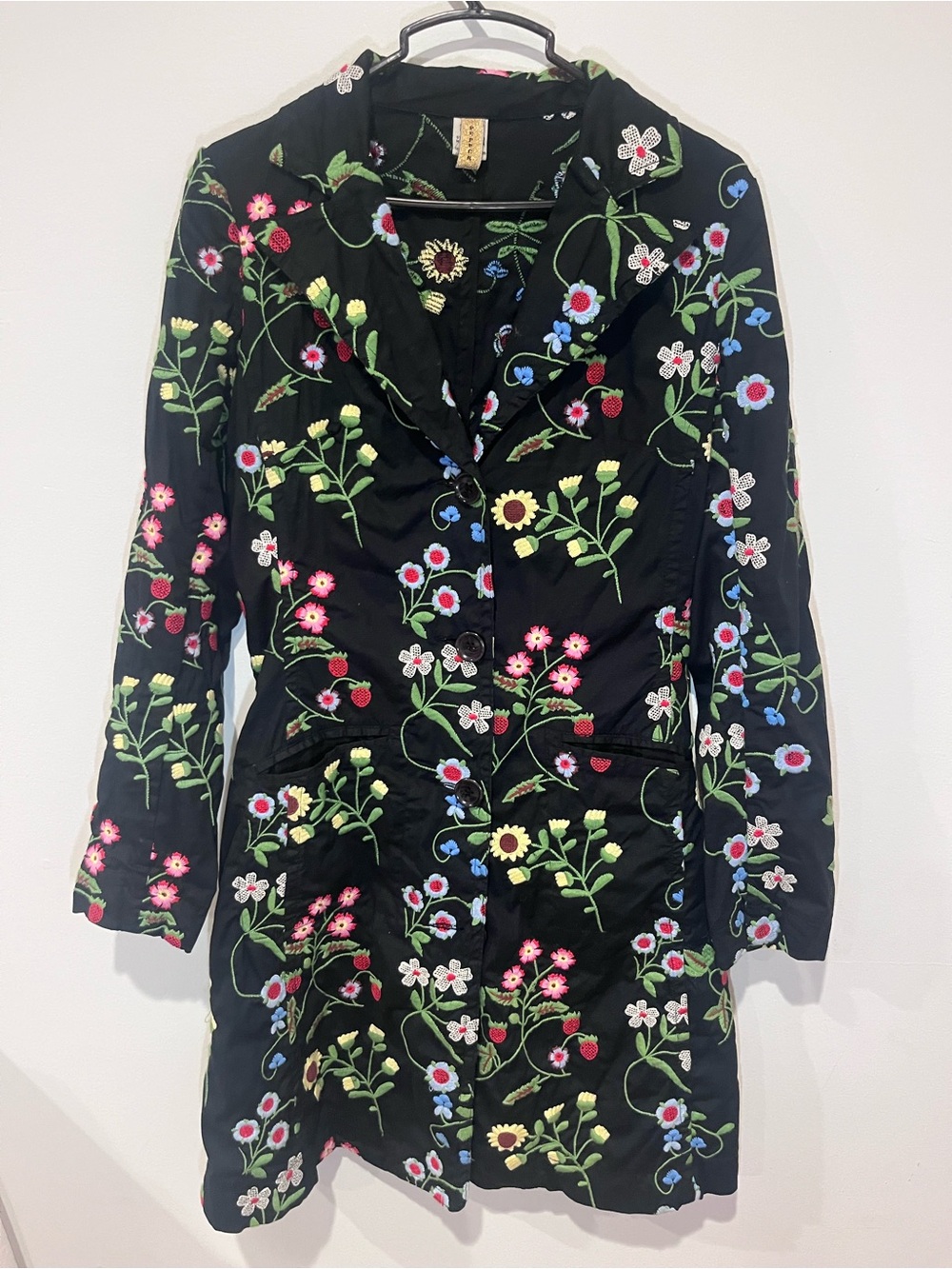 Rare Vtg Pepper by Johnny Was Floral Embroidered Black Mid Length Coat